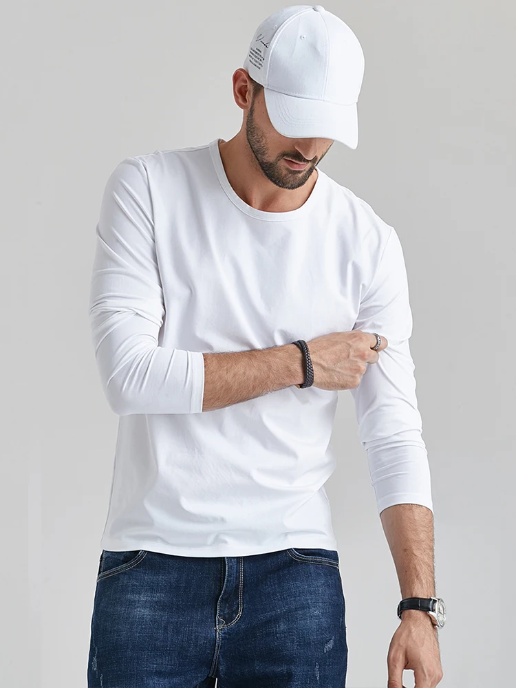 

Smooth Modal Cotton Spring Round Neck Solid Color Slim Fit Thin Underlay Top White Long Sleeved T-shirt For Men