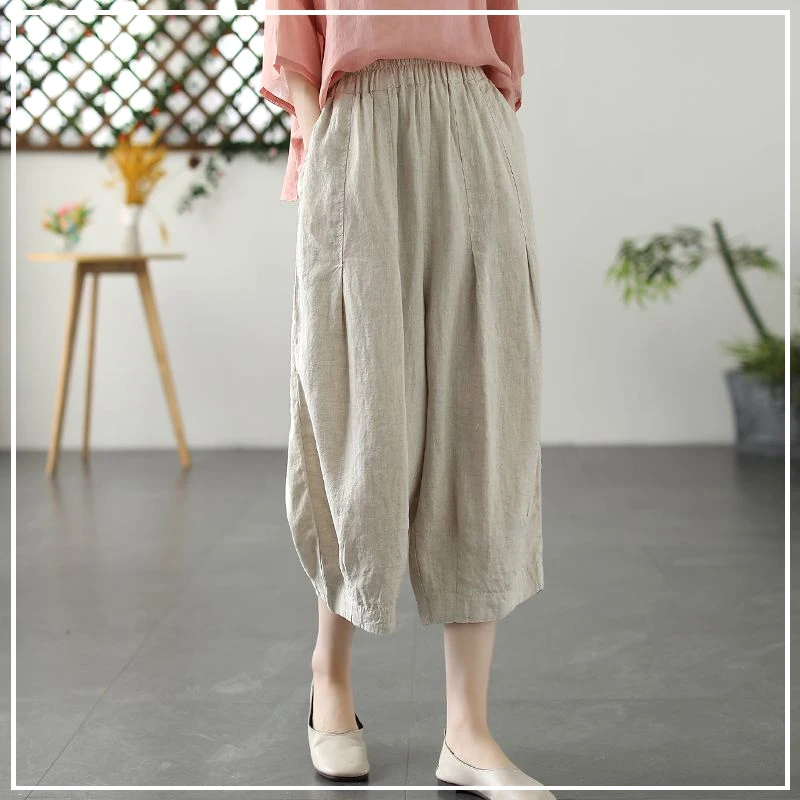 

2024 New Summer Artistic Retro Lazy Style Casual Loose Oversize High Waisted Pocket Fashionable Cropped Lantern Pants for Women