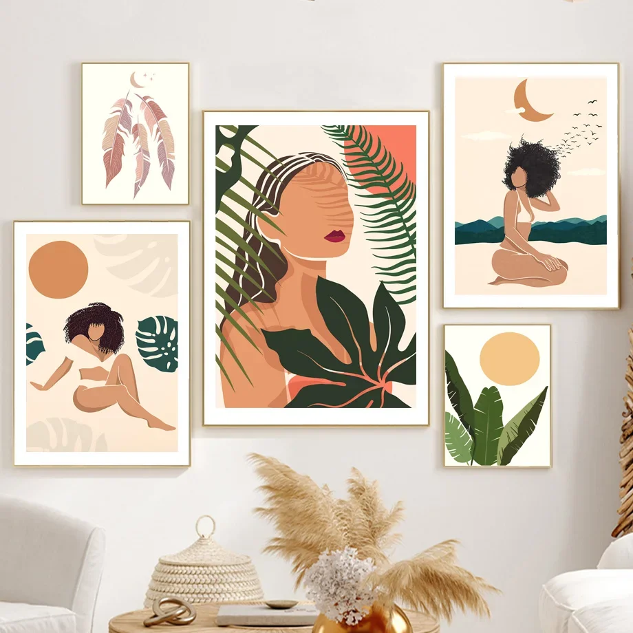 

Abstract Girl Sun Moon Beach Leaf Illustration Art Canvas Painting Nordic Posters And Prints Wall Pictures For Living Room Decor