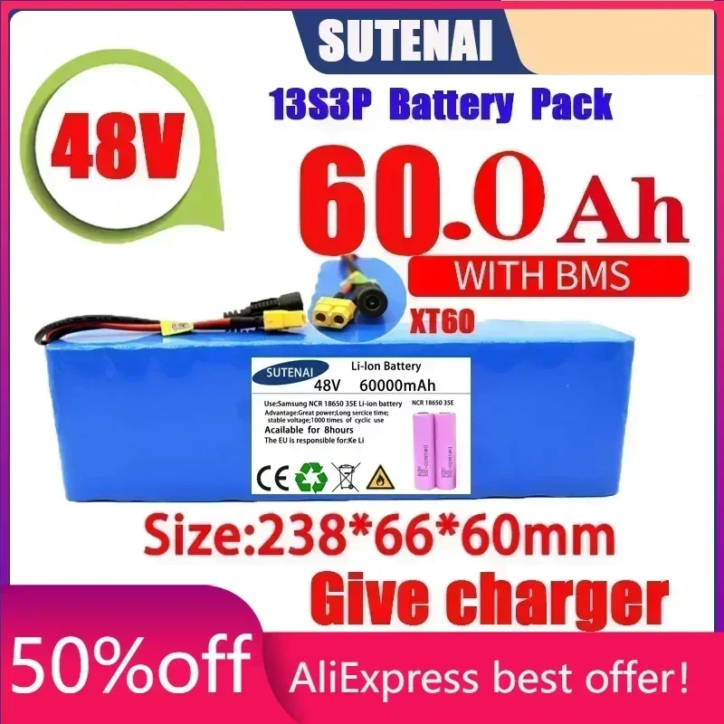Powerful 48V 120000mAh 1000w 13S3P XT60 120Ah Li-ion Battery for 54.6V Scooter Electric Bike with BMS Charger
Powerful 48V 120000mAh 1000w 13S3P XT60 120Ah Li-ion Battery for 54.6V Scooter Electric Bike with BMS Charger