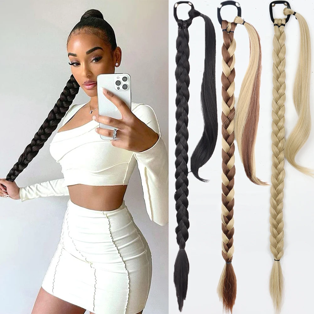 

Synthetic Long Braided Ponytail Hair Extensions For Women Black Blonde Wrap Around Pony Tail Hairpieces High Temperature Fiber