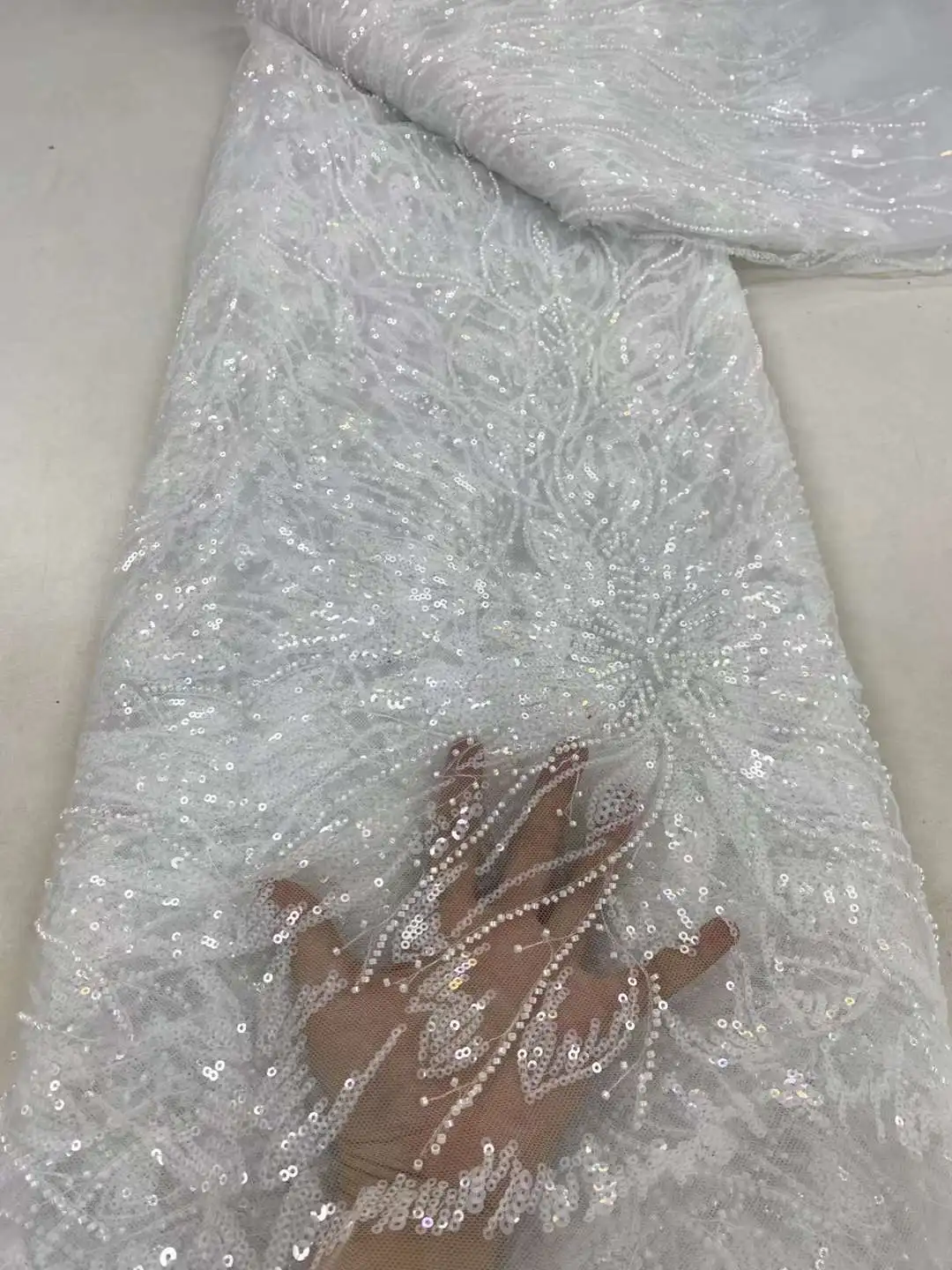 

White African Luxury Beaded Tulle Lace Fabric 2024 Nigerian Handmade Heavy Sequins Pearls Lace Fabric Fro Bridal Wedding Dresses