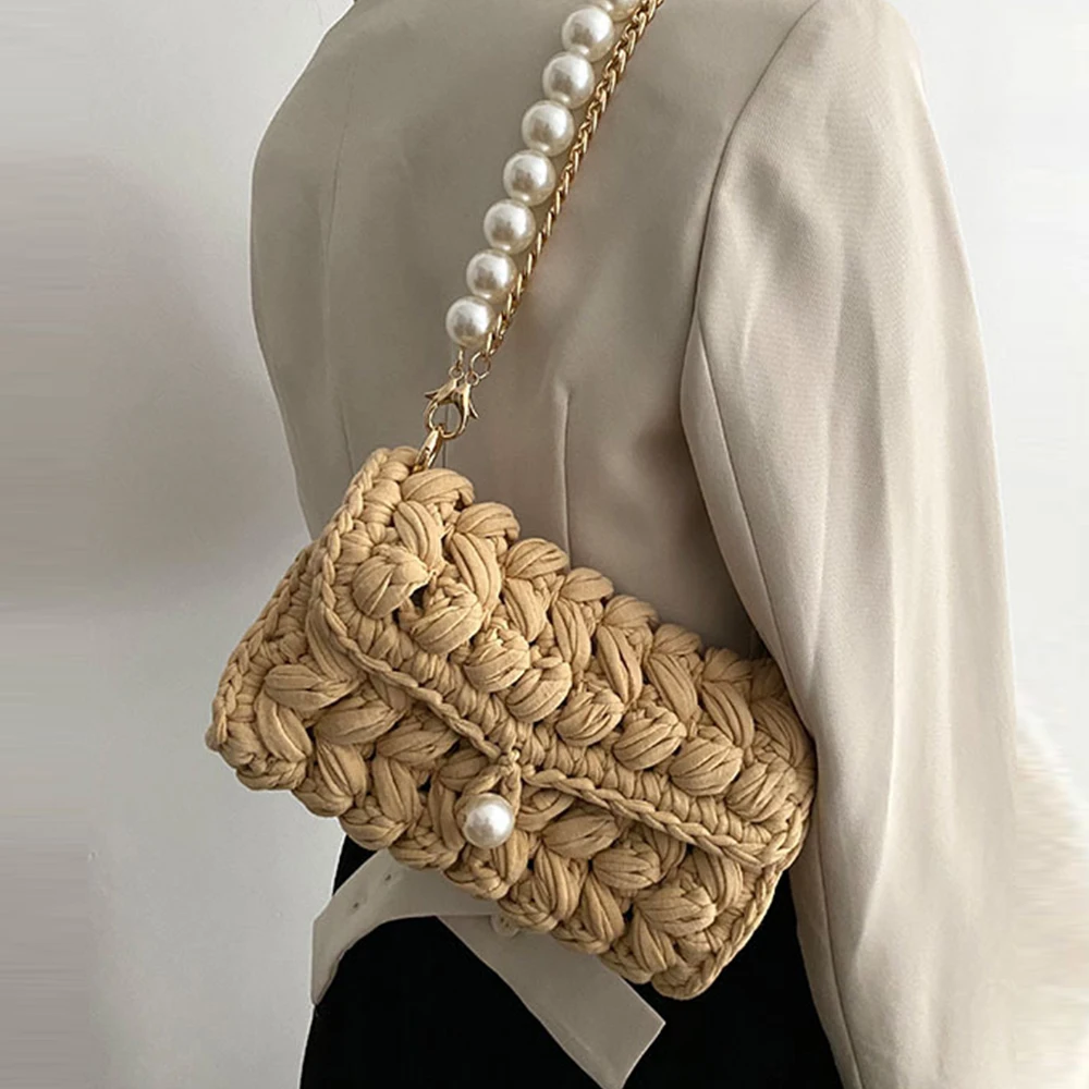 

Handmade Rope Crochet Women's Shoulder Bag Designer Knitting Crossbody Bags for Women Handbags Pearls Chains Sling Bag Tote 2022
