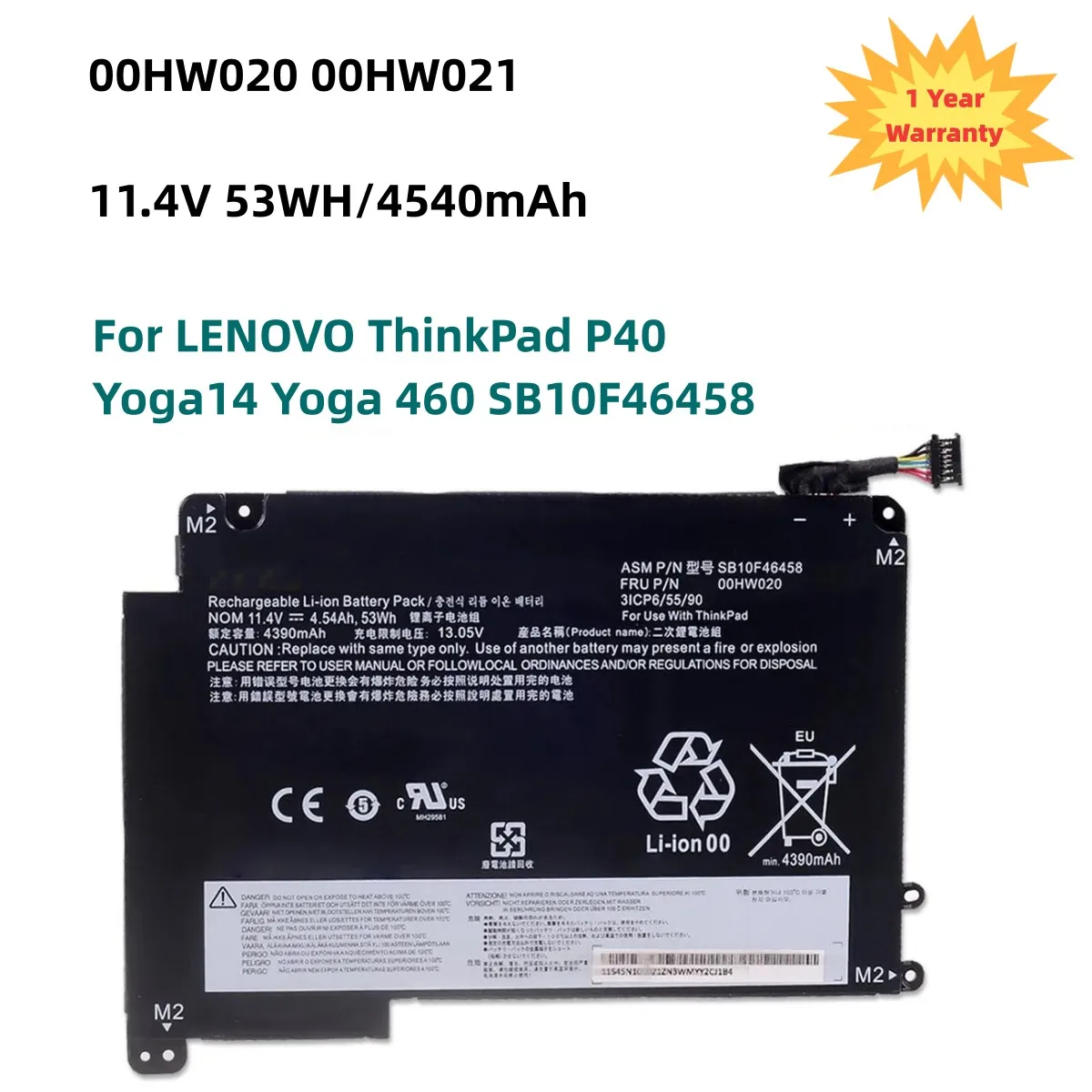 

00HW020 00HW021 Laptop Battery For LENOVO ThinkPad P40 Yoga14 Yoga 460 SB10F46458 11.4V 53Wh