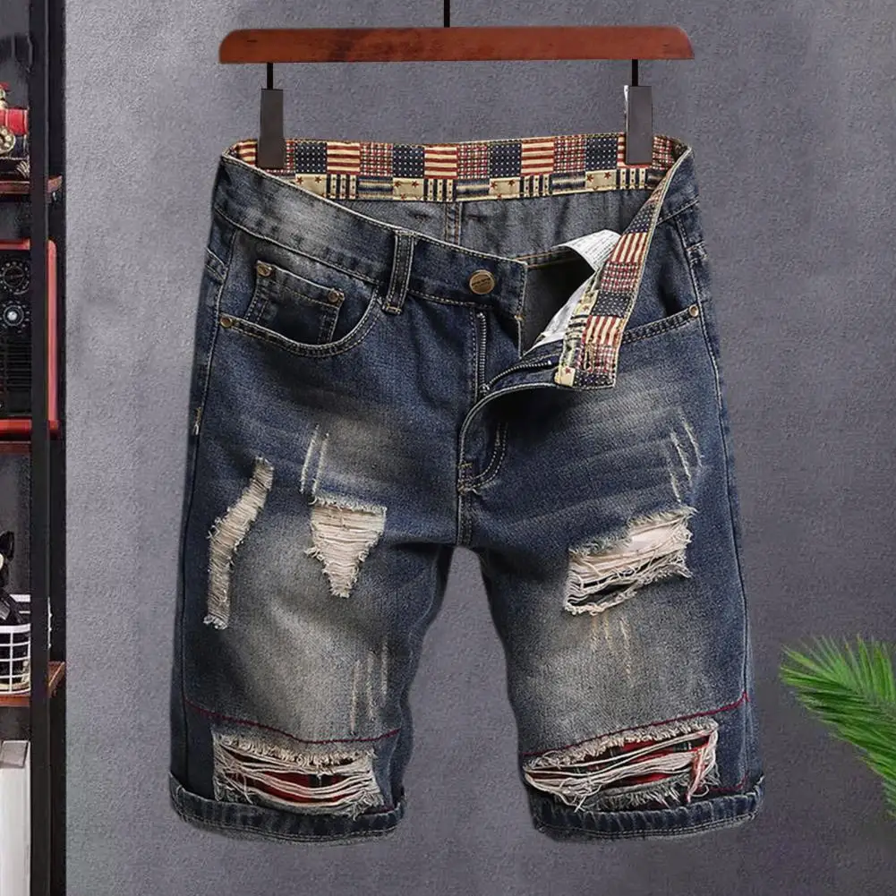 

Ripped Holes Patch Design Shorts Retro Denim Shorts with Ripped Holes Patch Design for Men Mid-rise Straight Leg Streetwear