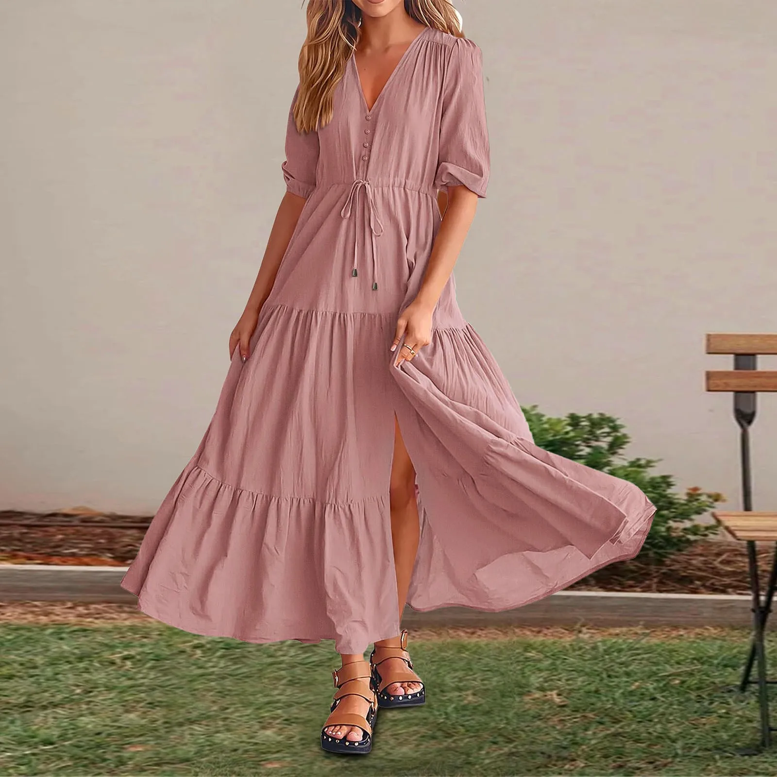 

Women Summer Dresses Short Sleeves V Neck Button Drawstring Hem Slit Maxi Dresses Solid Color Boho Summer A-Line Long Dresses