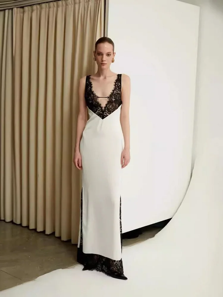 Женское длинное платье без рукавов, элегантное Кружевное облегающее платье с прострочкой, лето 2024
