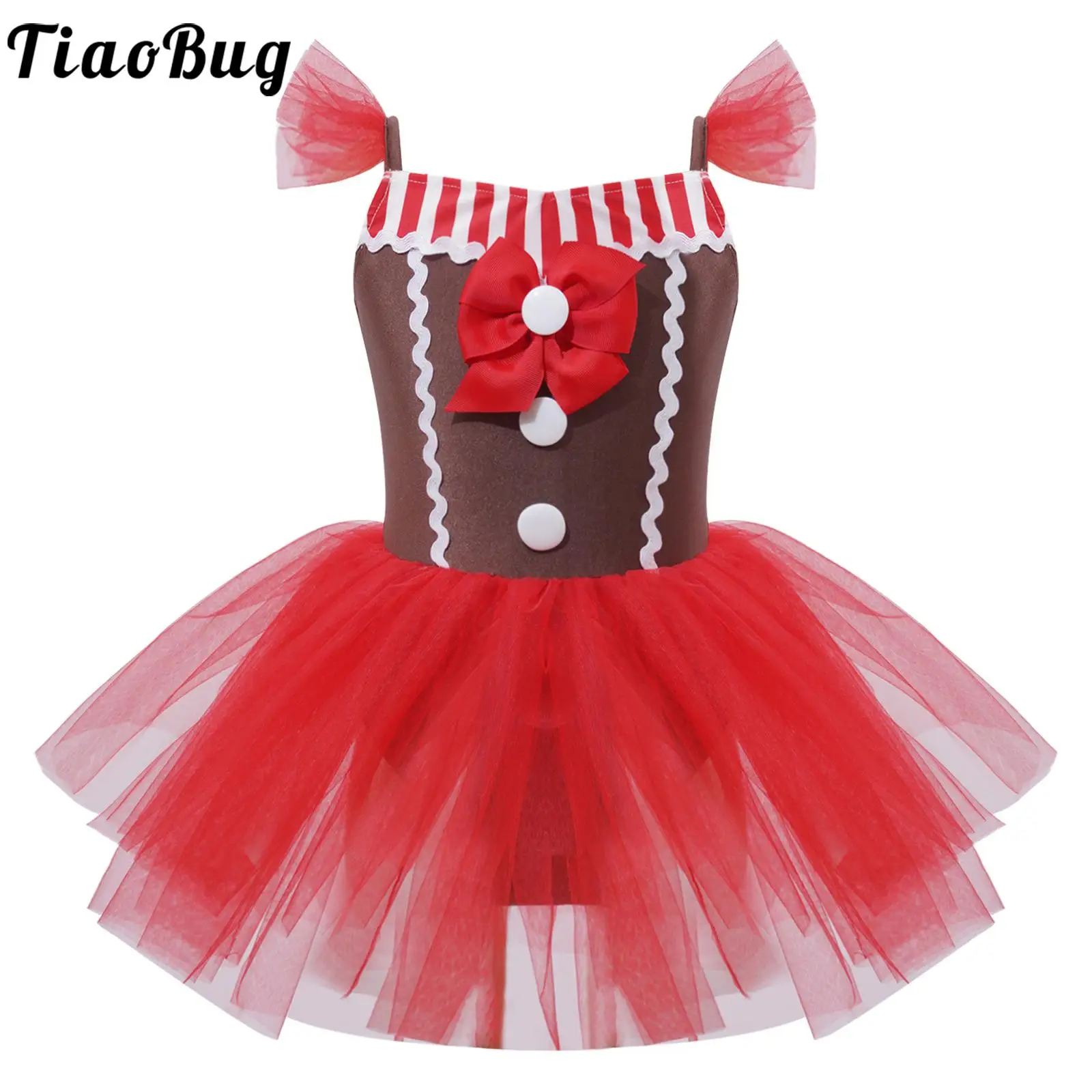

Kids Girls Christmas Gingerbread Costume Carnival Party Halloween Cookie Cosplay Sleeveless Bowknot Striped Leotard Tutu Dress