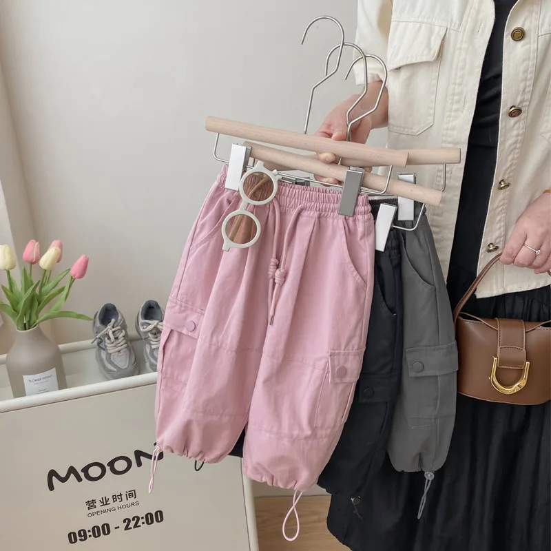 

2024 Spring Solid Toddler Girls Overalls Cotton Elastic Waist Babys Girl Pants Loose Casual Drawstring Hem Young Kids Girls Pant