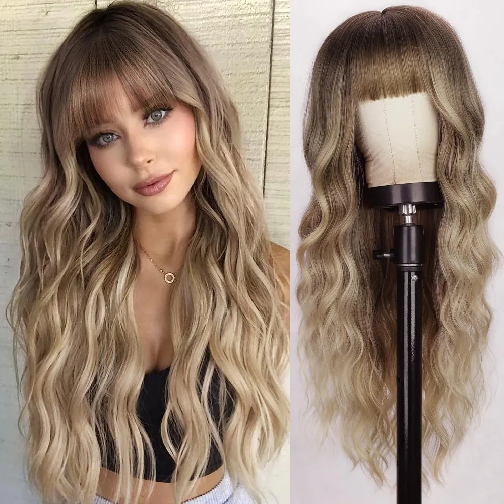 

Lativ Blonde Wig With Bangs Long Wavy Curly Ombre Wig with Dark Root Synthetic Heat Resistant Wigs for Women Daily Party Use