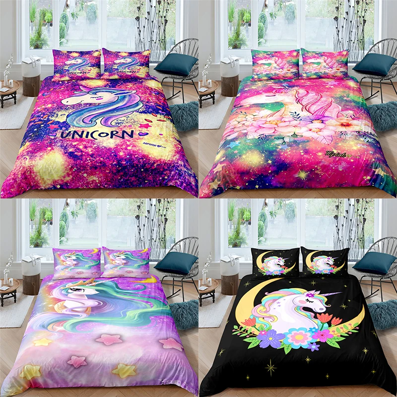 

Bedding Sets Luxury 3D Cartoon Unicorns Print 2/3Pcs Kids Aldult Duvet Cover Pillowcase Home Textile Single Queen and King Size