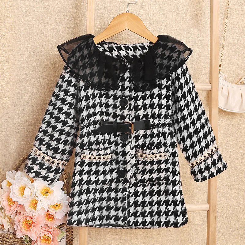 

Girls Woolen Coat Overcoat Jacket Windbreak 2023 Houndstooth Warm Thicken Winter Cotton Teenagers Outwear Children's Clothing