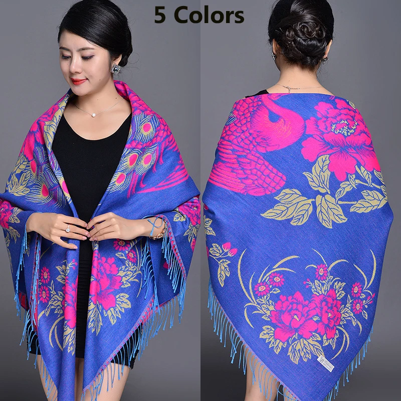 

Blue/Red 5 Colors Peacock/Flower Jacquard Women Large Cashmere Square Winter Scarves National Lady Thicker Warm Pashmina Blanket