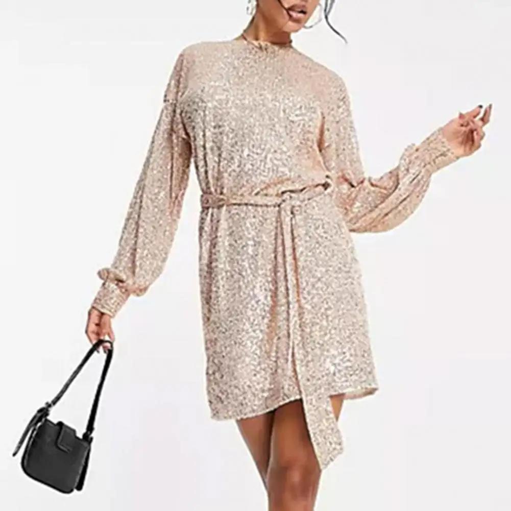 

Life Dress Sparkling Sequin Mini Dress with Lace-up Detail Tight Waist for Women Shiny Round Neck Long Sleeve Soft Commute Club