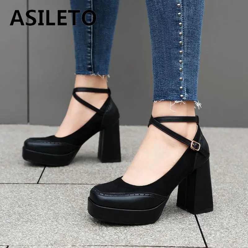 

ASILETO Vintage Women Pumps Square Toe Chunky High Heels 9.5cm Platform 2.5cm Crossover Buckle Strap Splice Big Size 41 42 43