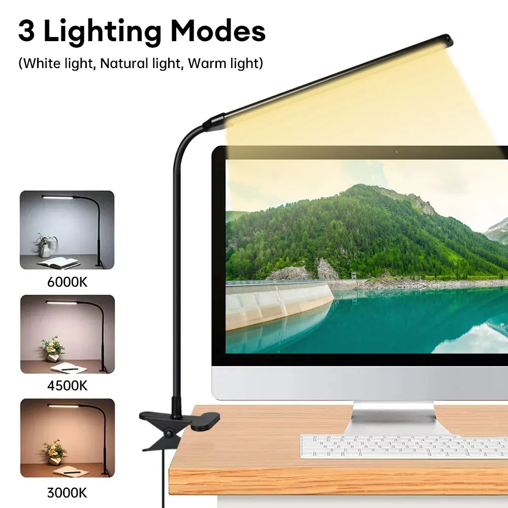 

8W LED Desk Lamp with Clamp Dimmable Clip On Reading Lights 10 Brightness 3 Lighting Modes Study Eye Protection Table Lamp