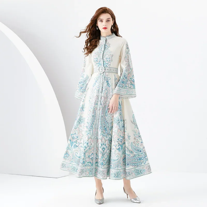 Spring New Women's Palace Style Stand-up Collar Flared Sleeves Single-Door Placket Waist Trimming Printing Long Lace Dress
Spring New Women's Palace Style Stand-up Collar Flared Sleeves Single-Door Placket Waist Trimming Printing Long Lace Dress