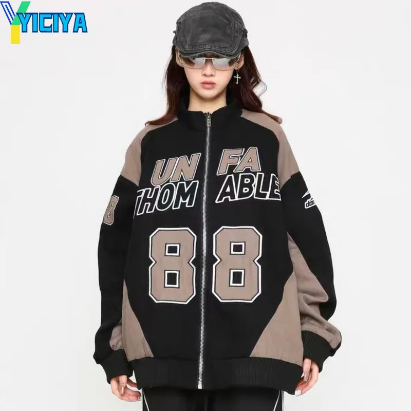 

YICIYA black racing Varsity Jacket Bomber Woman Long Sleeves Bombers American Vintage Motorcycle Jackets new Embroidered Coats