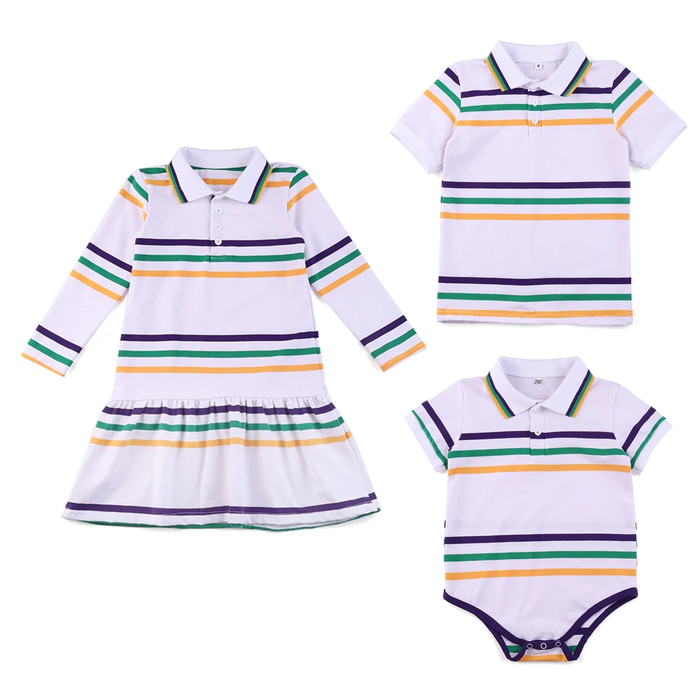 Mardi Gras White Cotton Striped Toddle Baby Boys Romper Set Polo Collar Sibling Kids Girls Long Sleeve Fashion Dress
Mardi Gras White Cotton Striped Toddle Baby Boys Romper Set Polo Collar Sibling Kids Girls Long Sleeve Fashion Dress