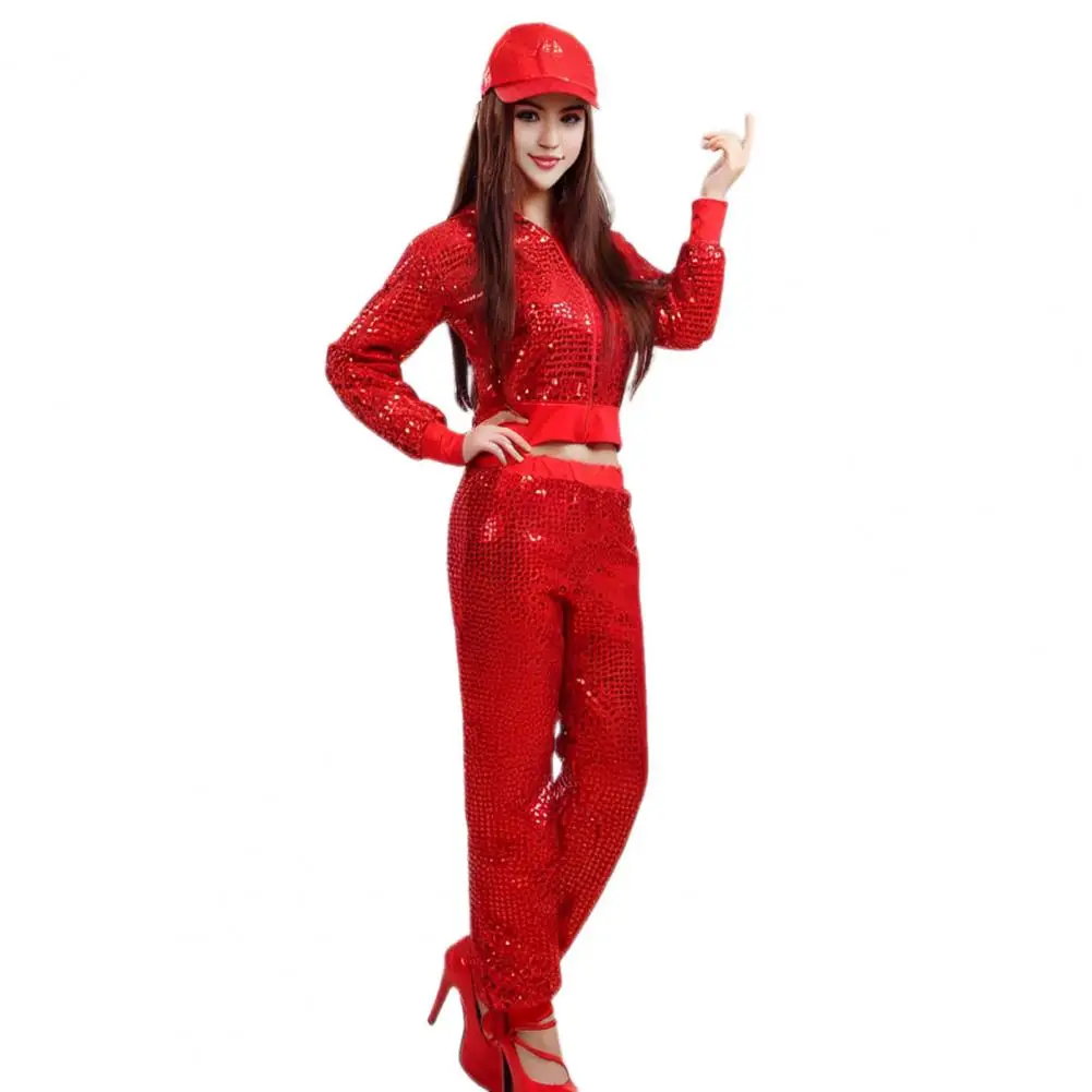 

Performance Costume Set Solid Color Splicing Suit Shiny Sequin Adult Performance Suit Set with Hooded Zipper for Cheerleader