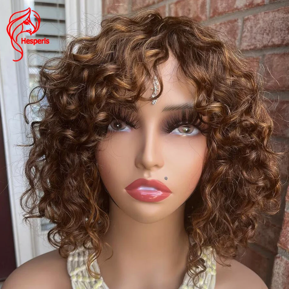 

Hesperis Blonde Highlight Brown Full Machine Made Short Bob Curly Wigs Brazilian Remy Colored Human Hair Wig With Bang