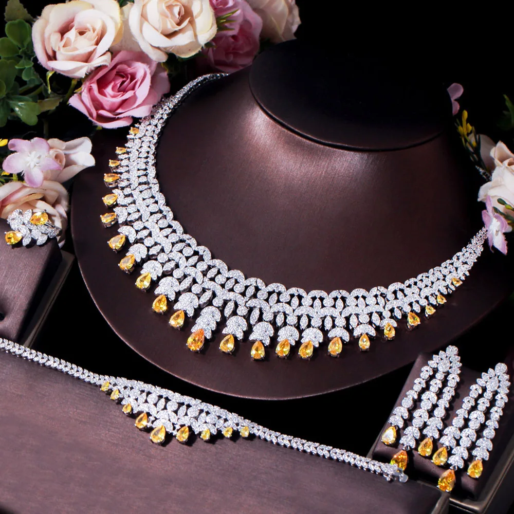 

CWWZircons 4pcs Dubai Cubic Zirconia Tassel Drop Big Chunky Wedding Bridal Necklace Luxury Jewelry Sets for Brides Party T638