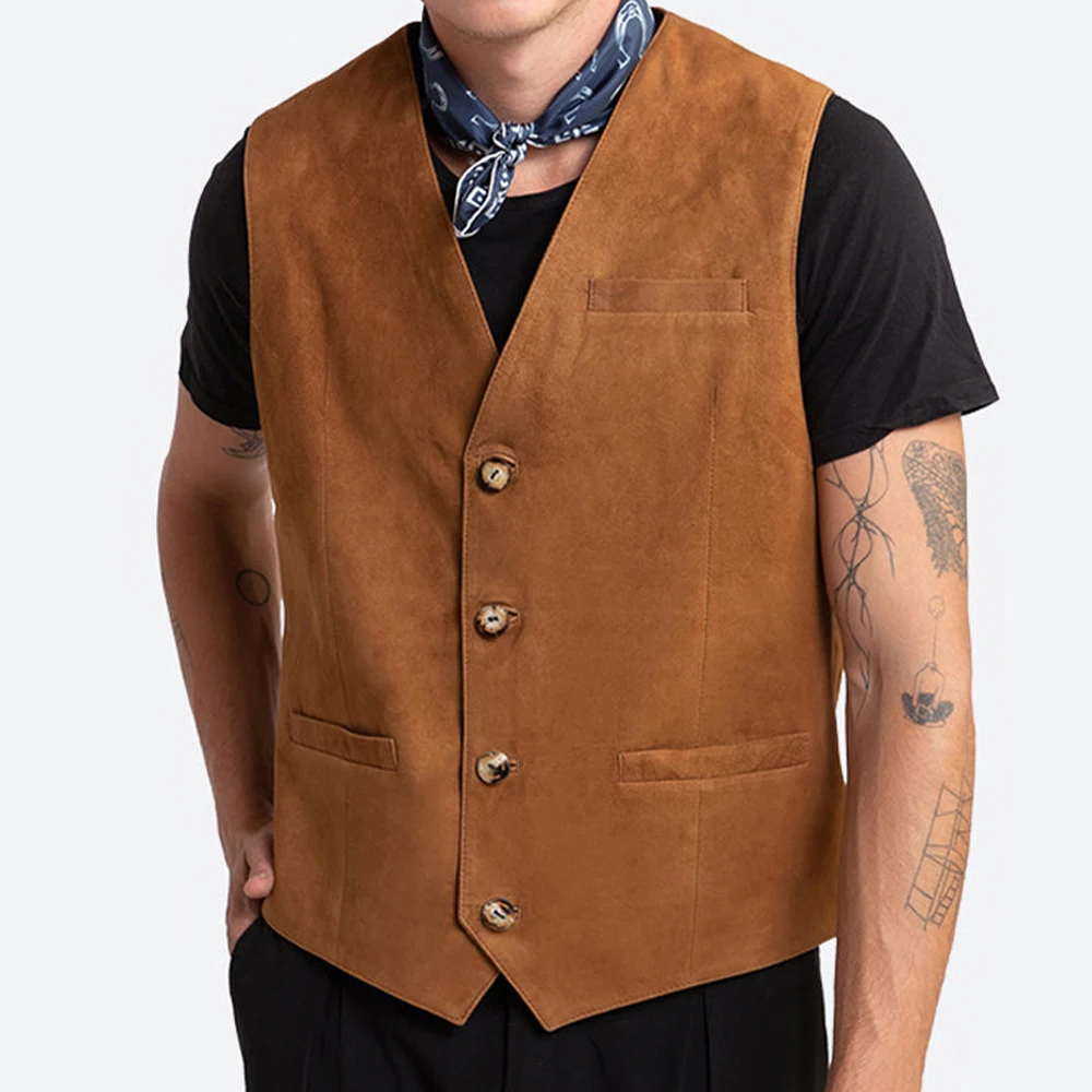 

Suede Leather Vest for Man Khaki Steampunk Best Vest Men Vests West Cowboy Single Breasted Waistcoat Luxury Party Dress Male