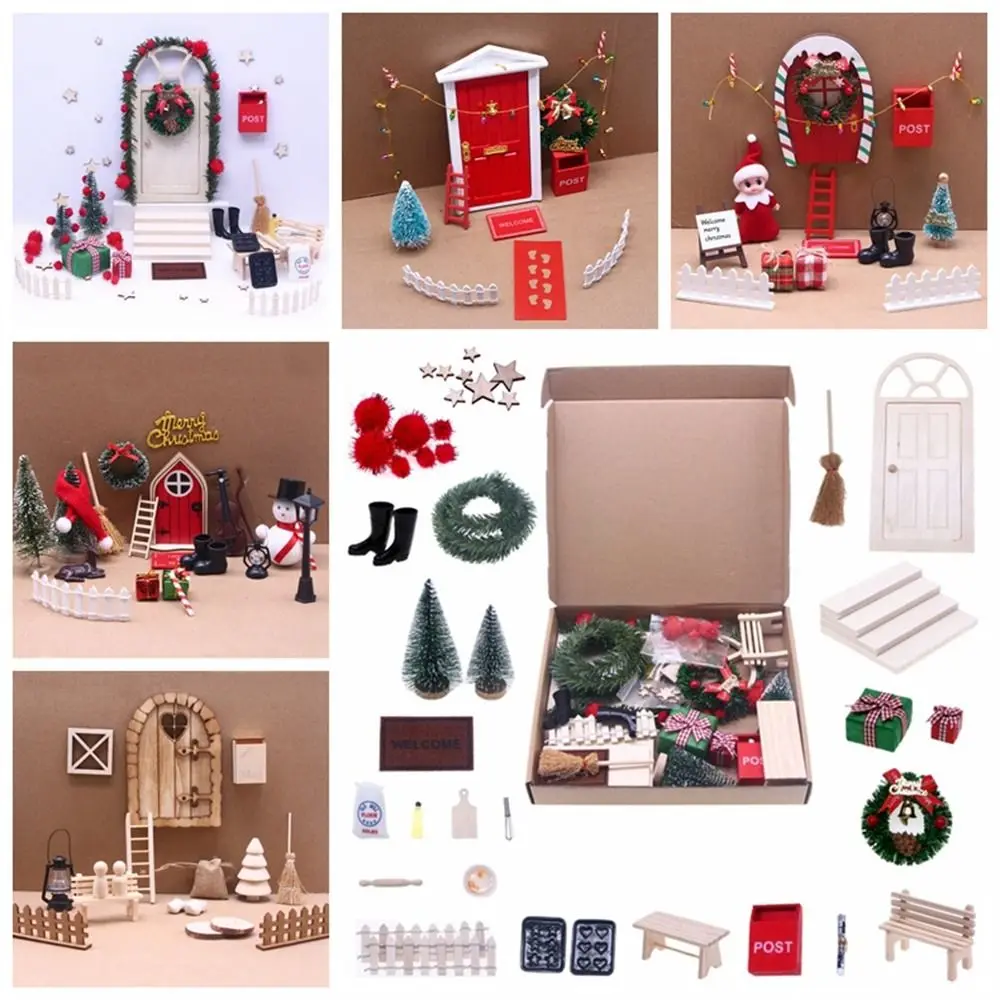 

String Hat DollHouse Elf Kit Miniature Scene Wreath Miniature Elf Door Mini Tree Scene Model Fairy Toy House Christmas Decor