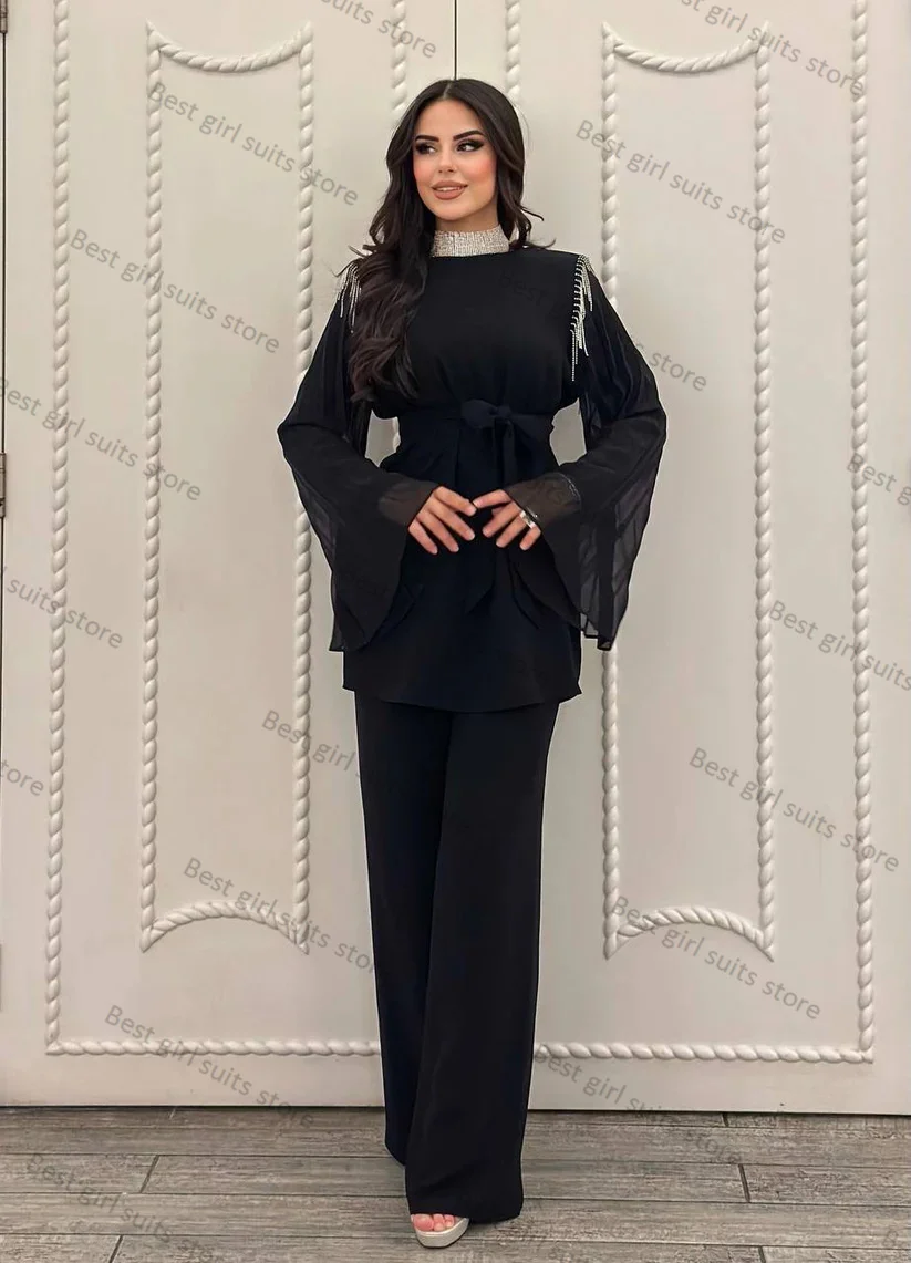 

2 Piece Black Women Suit Pants Set Jacket+Trouser Luxury Crystals Guest Blazer With Necklace Tailored Formal Office Lady Coat