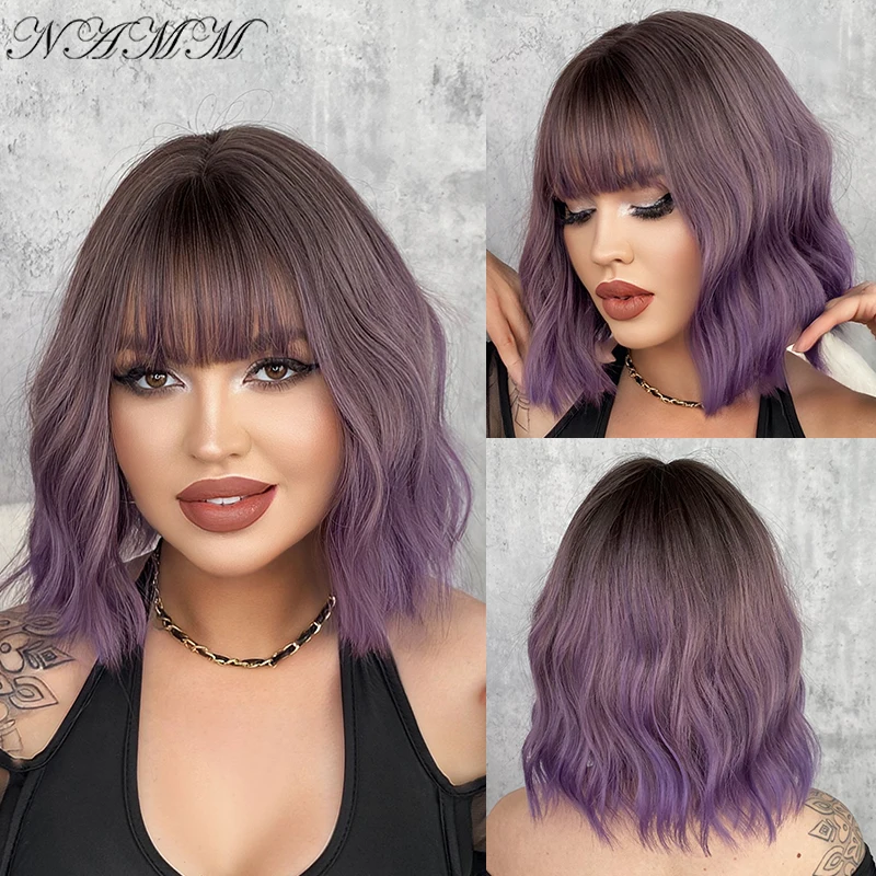 

NAMM Ash Blonde Purple Color Short Wavy Wigs Women Bob Wigs Female Synthetic Wig with Bangs Cosplay Fake Hair Heat Resistant