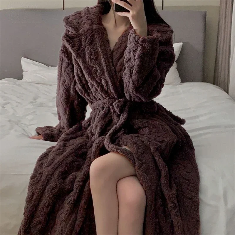 

Flannel Robes Women Winter Thick Warm Midi Home Sleepwear Cozy Night Sexy Clothing Korean Fashion Tender Casual New
