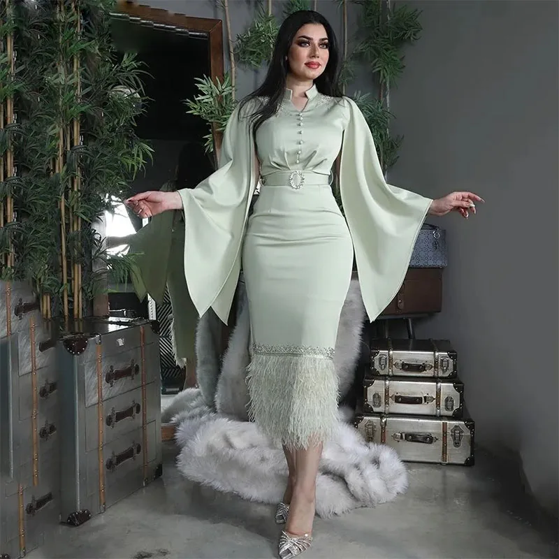 

Elegant Beads Feathers Sheath Prom Dresses V-Neck Long Sleeve Knee-Length Evening Party Gown Front Button Formal Cocktail Dress