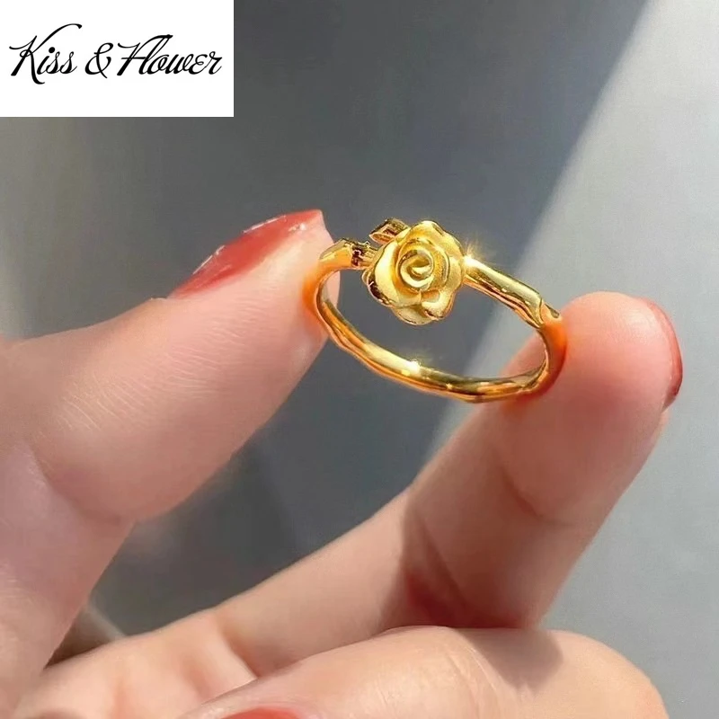 

KISS&FLOWER 24KT Yellow Gold Ring For Women Girl Rose Flower Adjustable Ring Fine Jewelries Wholesale Wedding Party Gift RI161