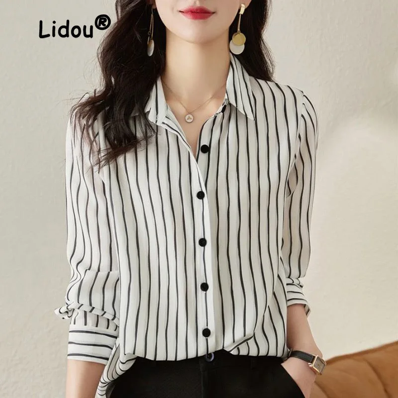 

High-end Color Block Striped Blouse Women Classic Long Sleeve Office Korean Polo Collar Single-breasted Lady Chiffon Shirt