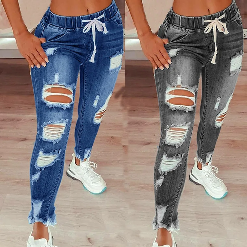 

Женские джинсы, коллекция 2024 года, эластичные рваные джинсовые брюки-карандаш полной длины с завышенной талией и завязками