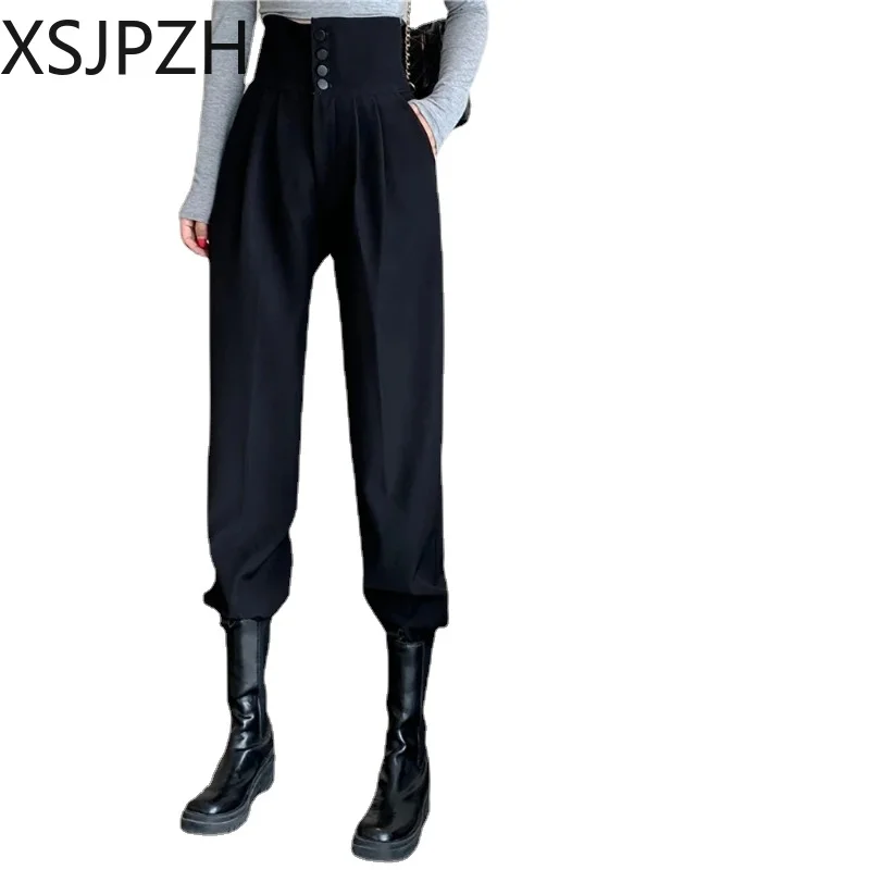 

Korean Style Fashion Ladies High Waist Buttons Cargo Pants Women All-match Loose Slim Long Casual Harem Trousers Spring Autumn