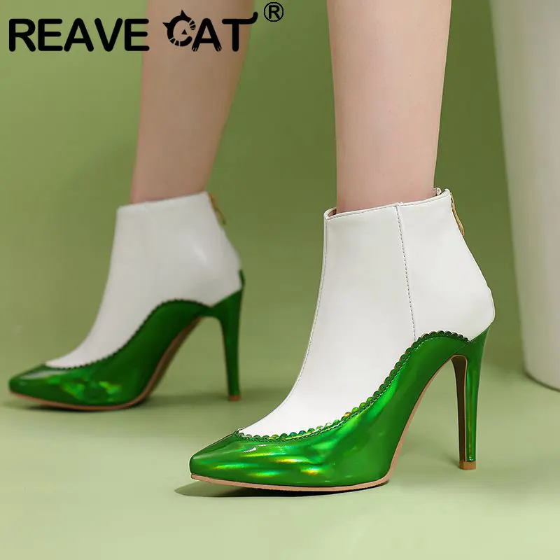 

REAVE CAT Sexy Female Ankle Boots Pointed Toe Ultrahigh Heels 10cm Stiletto Zipper Mixed Big Size 48 49 50 Fashion Women Booty