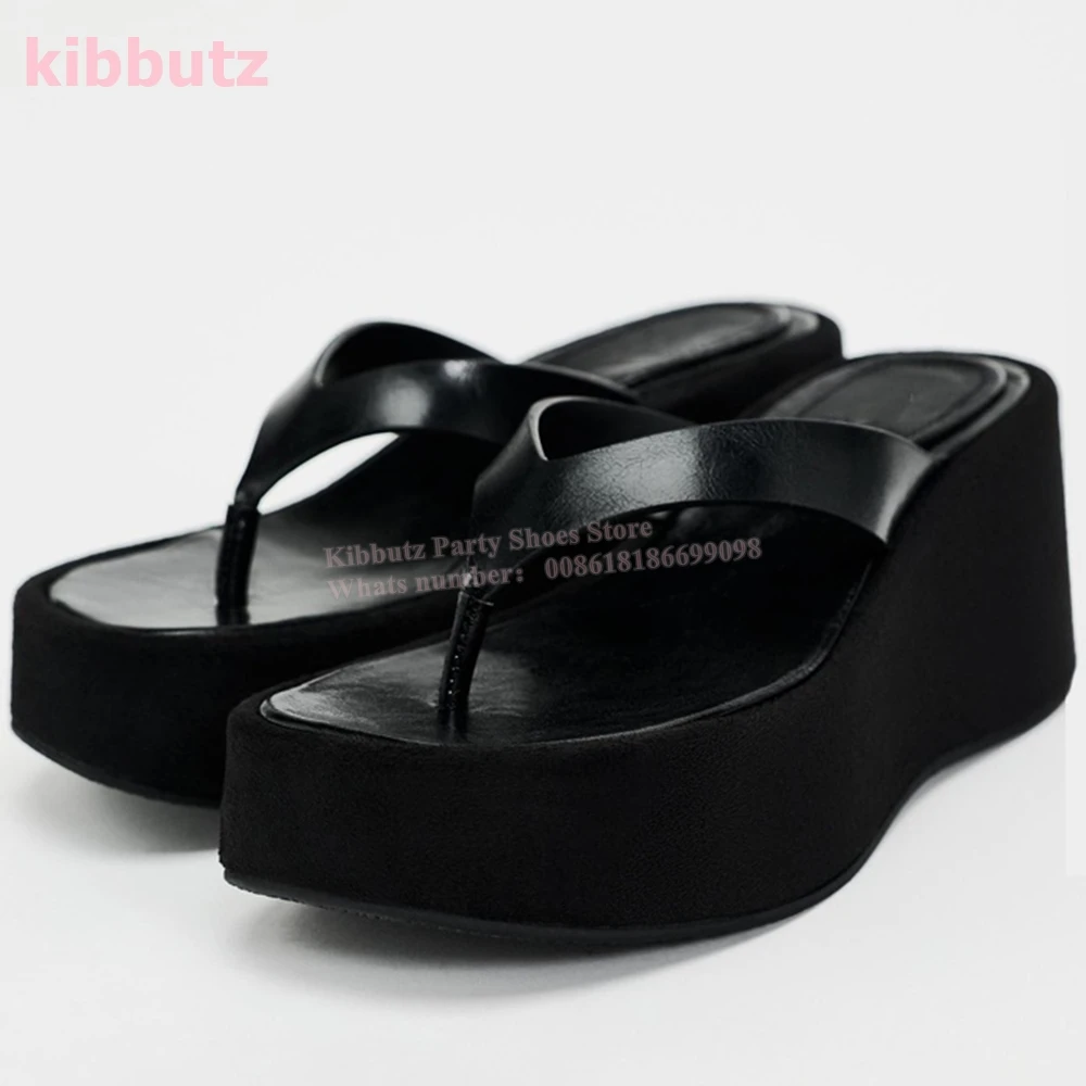 

Genuine Leather Wedges Slipper Round Clip Toe Solid Color Black Fashion Concise Summer Outdoor Beach Sexy High Women Shoes New