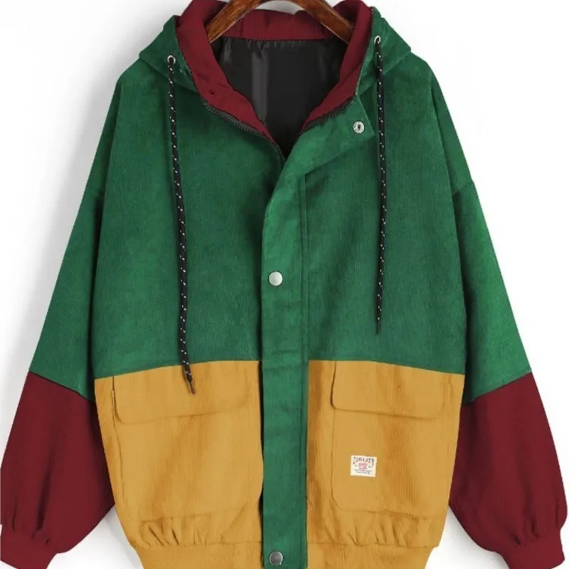 

Куртка мужская Вельветовая с капюшоном, бомбер в стиле пэчворк, Повседневная Уличная одежда в стиле хип-хоп