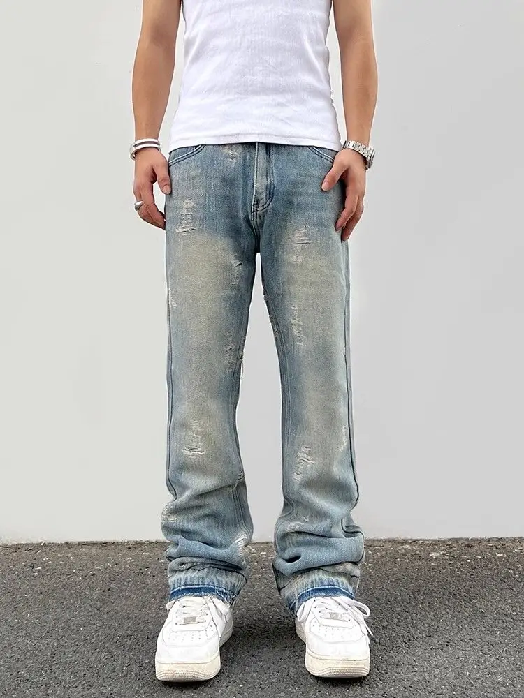 

High street retro distressed rough edge straight leg jeans with loose washed micro flared versatile long pants jeans men