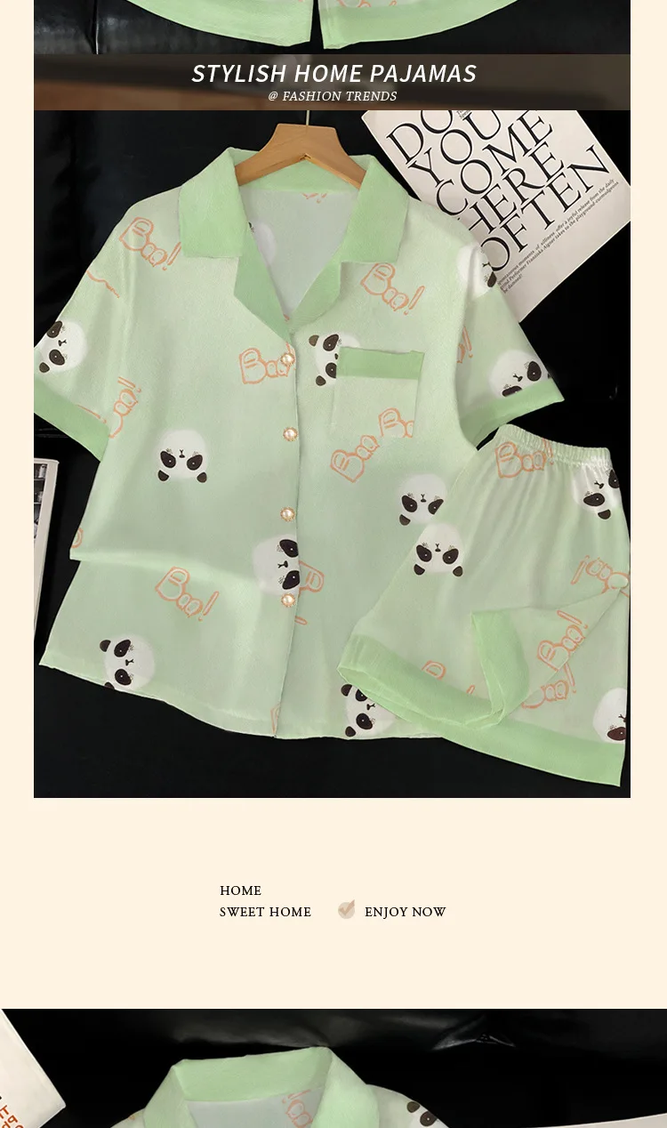 Summer Women's Ice Silk Fashion New Cartoon Pajamas Homewear Set Girls Color Collision Lapel Short-Sleeved Casual Homewear Set 31 Sf6af06135c304effa7586af6e5d8db454