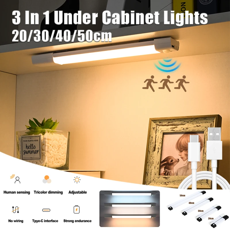 

3-in-1 LED Under Cabinet Lights Motion Sensor Night Light Dimmable USB Rechargeable Wireless Lamp for Kitchen Wardrobe Staircase