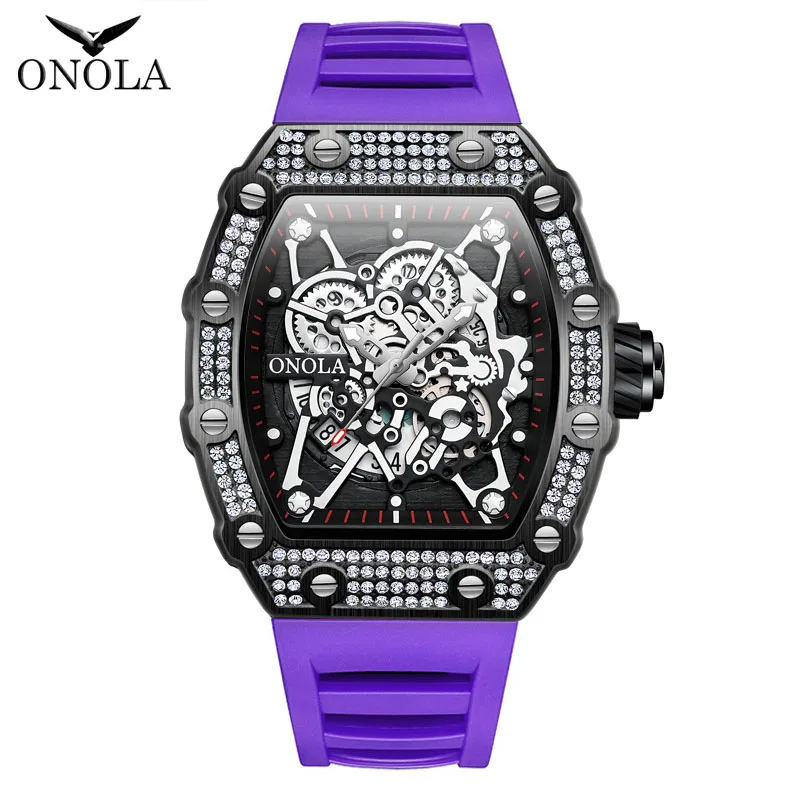 

ONOLA Fashion Watch For Men Automatic Date Sports Silicone Strap Tonneau Clock Iced Diamond Quartz WristWatch Reloj Dropshipping