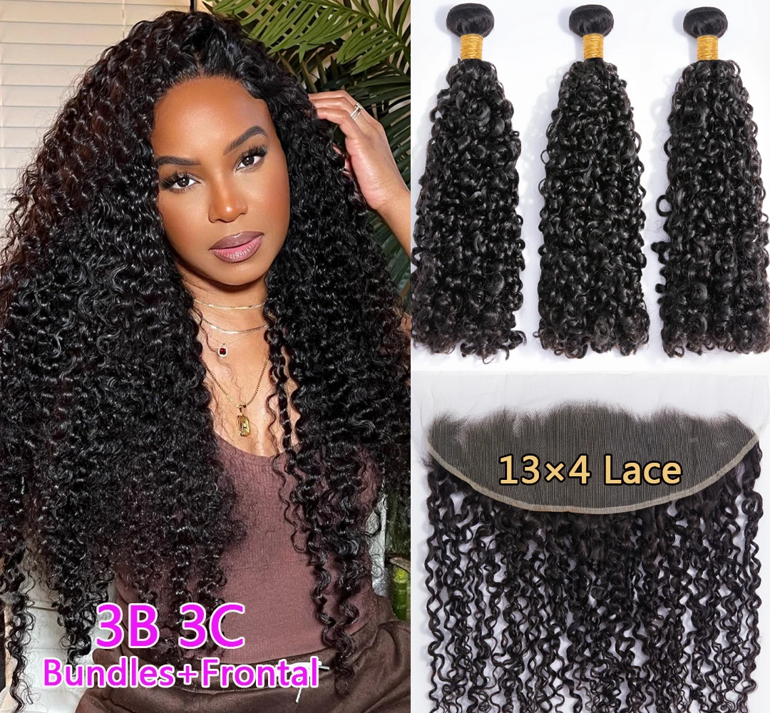 

Brazilian 3B 3C Spirals Curly Bundles With Frontal 10A Pixie Curl Virgin Human Hair Extension Kinky Curly Weave With Closure