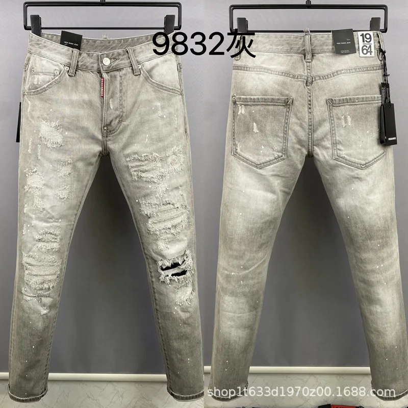 

Мужские джинсовые брюки 9832 типа 2023D2 с квадратными знаками кошек и отверстиями, серые небольшие прямые джинсы с перекрестными штанинами
