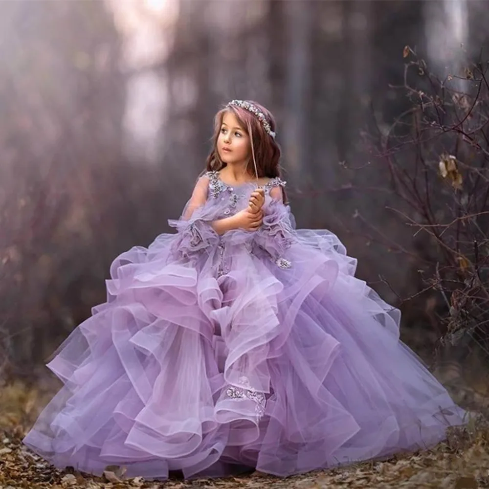 

Lavender Flower Girl Dresses For Weddings Appliques Tulle Ruffles Long Sleeve Pageant Prom Party Dress Child Princess Ball Gown
