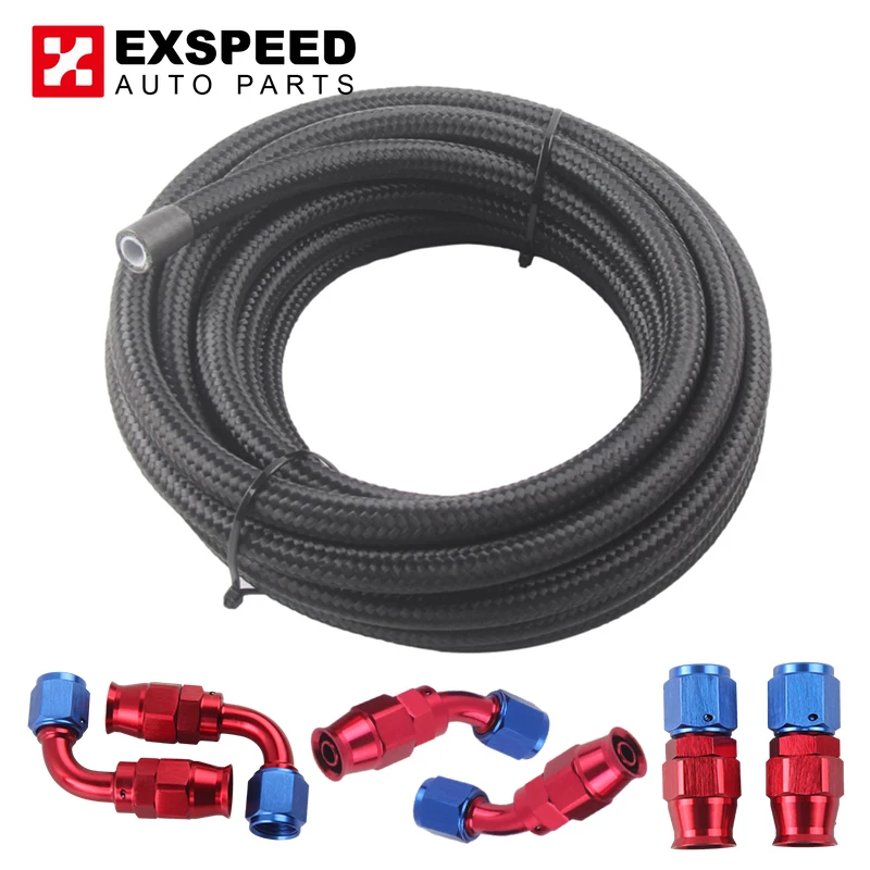 

6/8/10AN - AN6/8/10 Black Nylon Braided E85 PTFE Fuel Line 10ft 6 Fittings Hose Kit Gas Cooler Hose Braided Inside CPE Rubber