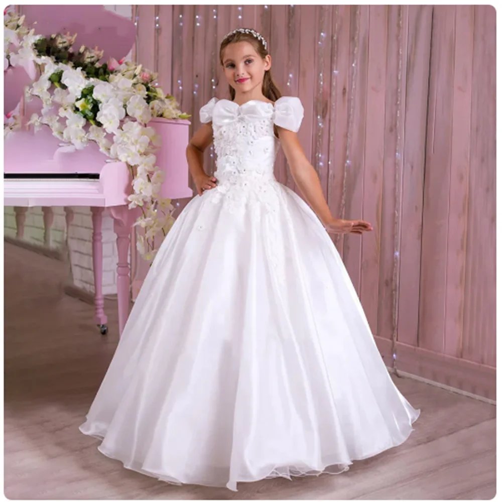

Elegant White Lace Appliques Flower Girl Dresses Puffy 2024 Princess Boat Neck Birthday Party Kids Pageant First Communion Gown