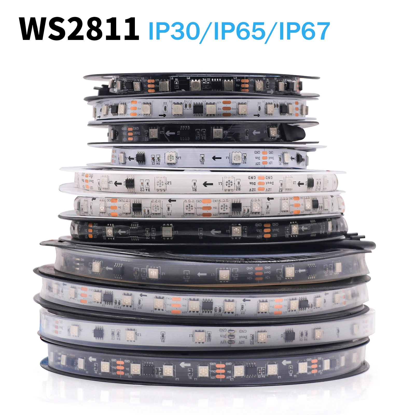 

WS2811 30LEDs/m 60LEDs/m RGB LED Strip 5050 SMD Individually Addressable Tape Light IP30/IP65/IP67 DC12V 1 IC Control 3 Leds