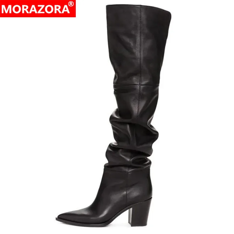 

MORAZORA 2024 New Brand Genuine Leather +Pu Over The Knee Boots Women Shoes Slip On Chunky High Heels Winter Thigh High Boots